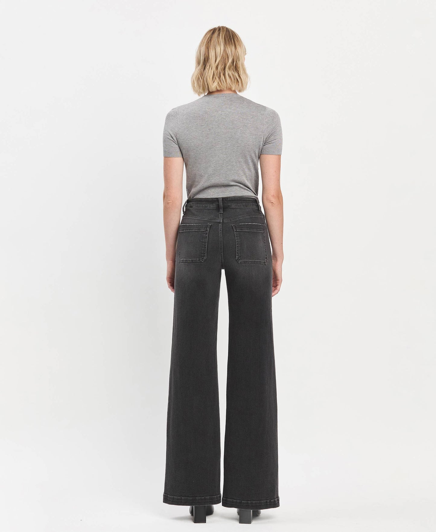 HIGH RISE PATCH POCKET BLACK WIDE LEG TROUSERS