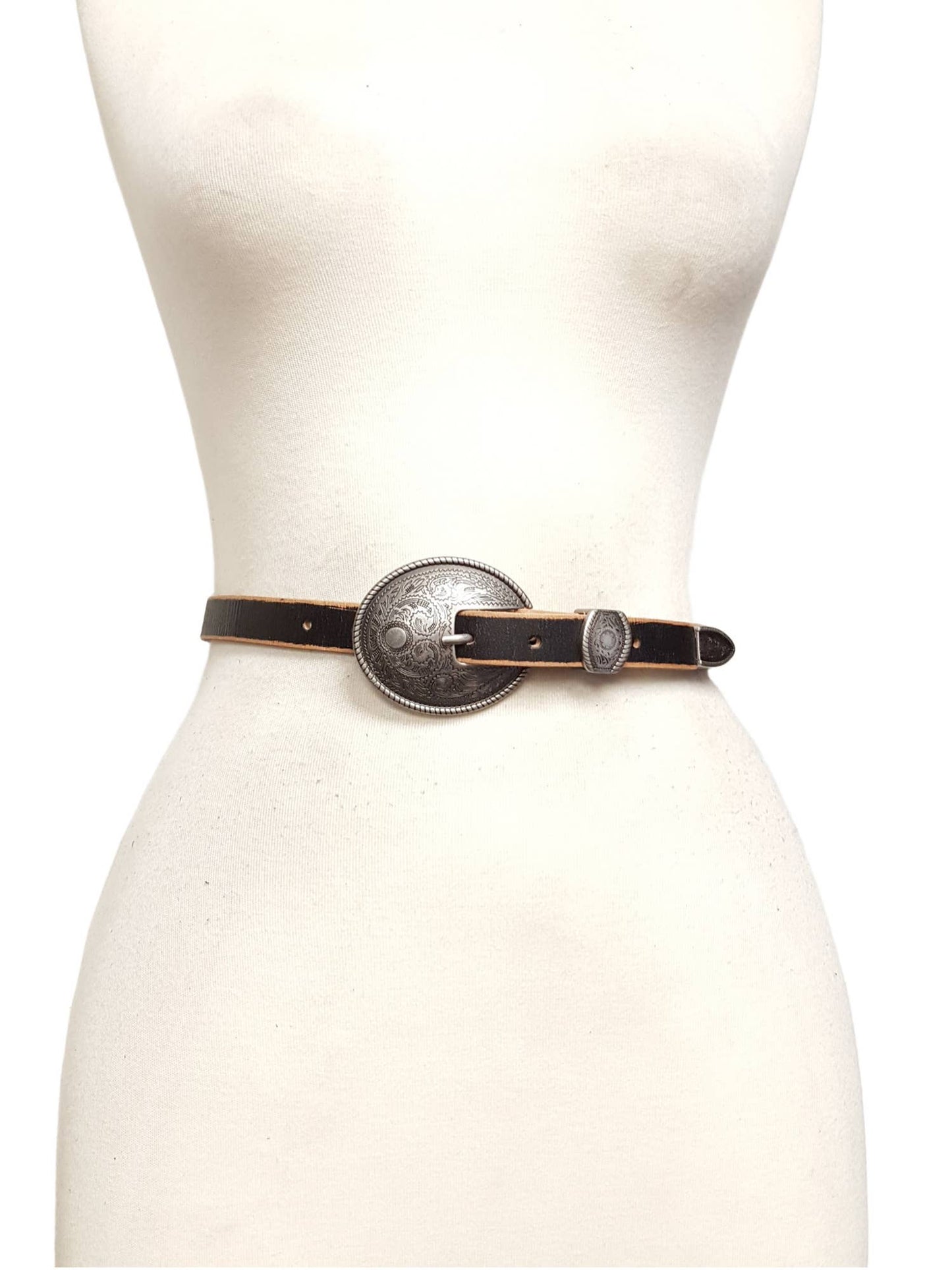 Vintage Skinny Leather Belt w.  antique silver floral buckle