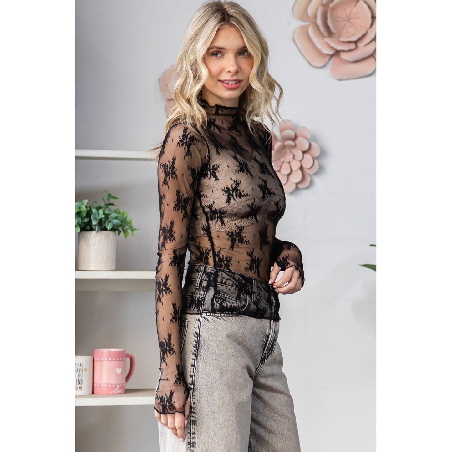 Lace Long Sleeve See Through Top
