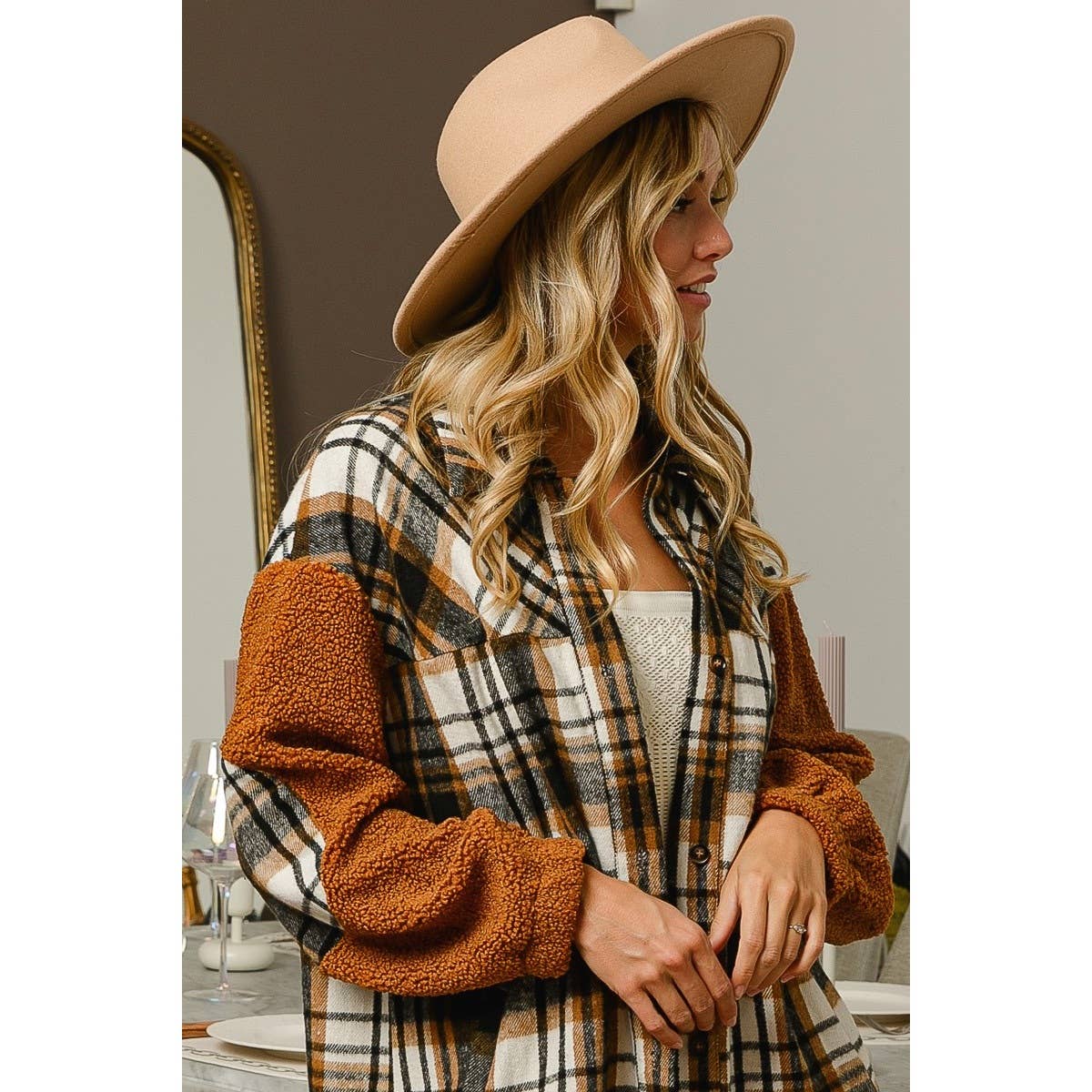 VINTAGE PLAID AND SHERPA MIXED SHACKET: MOCHA COMBO / M