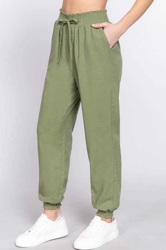 Smoked Waist Linen Jogger Pants: Blk-Black / S