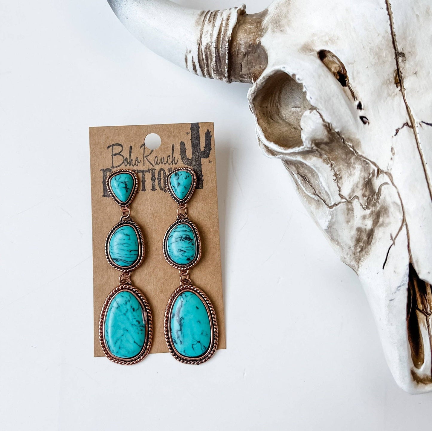 Western Metal Stone Drop Earrings 3 Tier: Turquoise