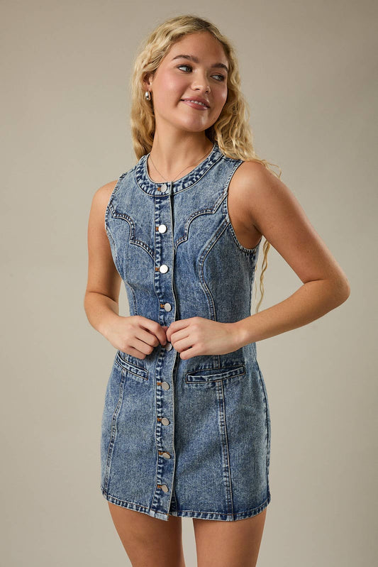 STITCH DETAIL SLEEVELESS BUTTON DOWN DRESS