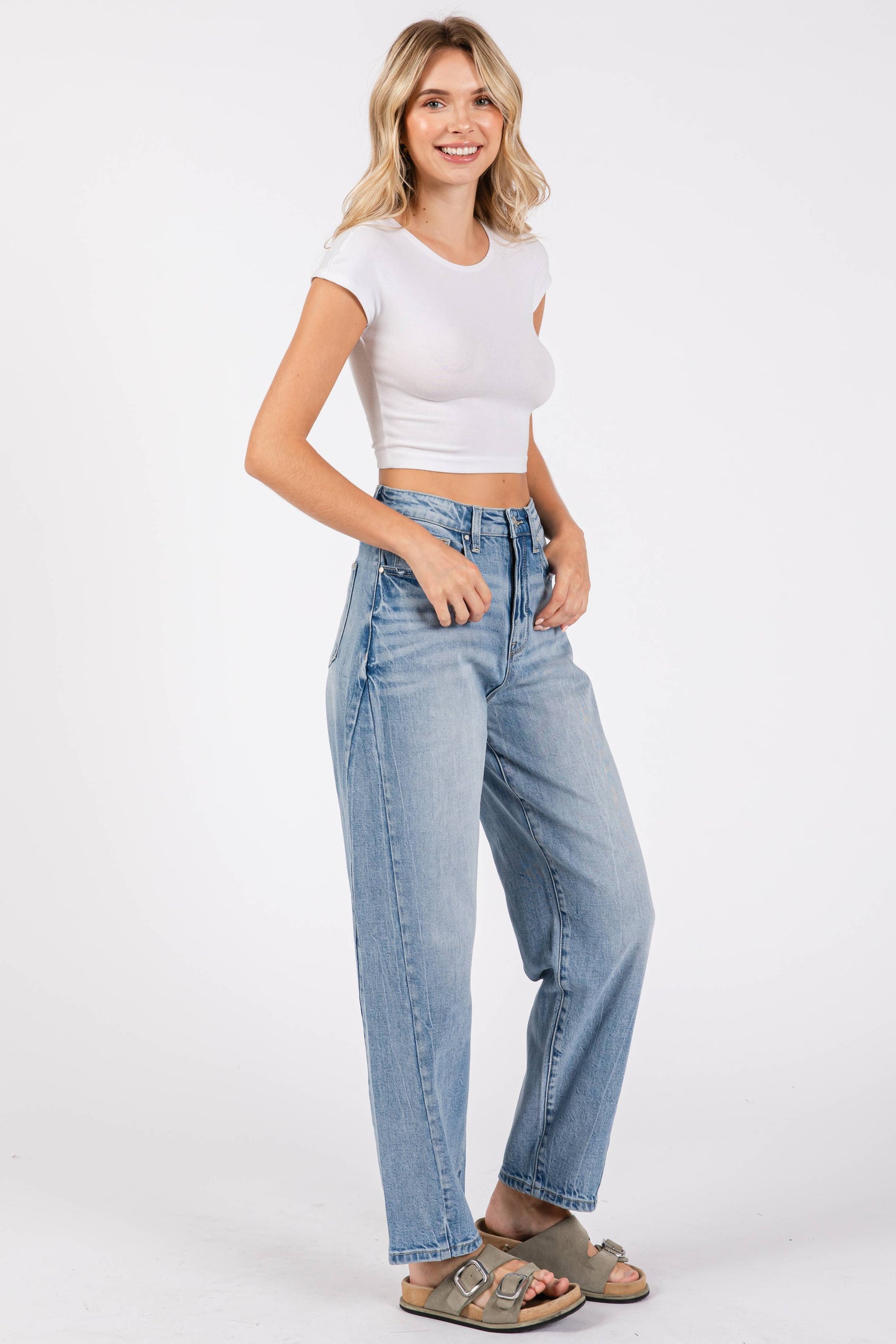 P1305X-LM SIDE SEAM DETAILING HIGH RISE COMFORT BARREL JEANS: 9/28