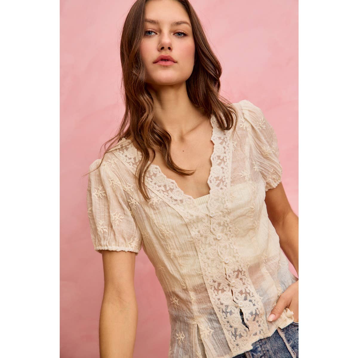 FLORAL EMBROIDERED TEXTURE WOVEN LACE BLOUSE TOP