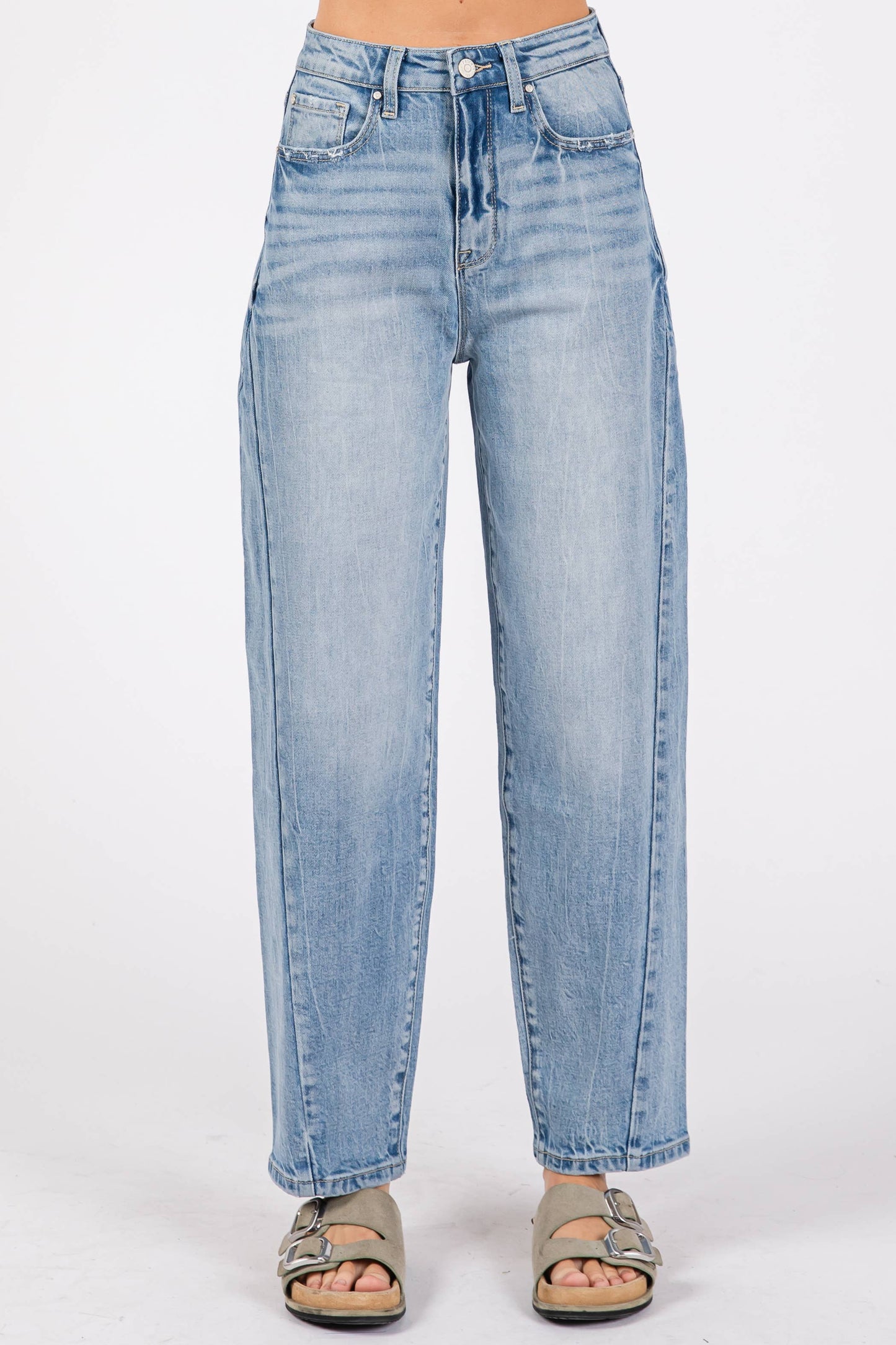P1305X-LM SIDE SEAM DETAILING HIGH RISE COMFORT BARREL JEANS: 7/27