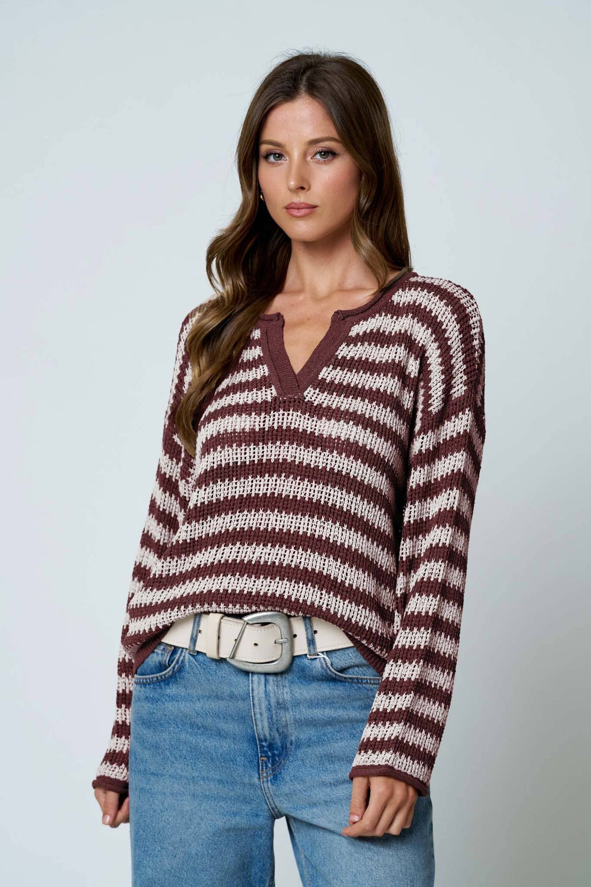STRIPE RAW EDGE SPLIT NECK SHEER KNIT SWEATER : MOCHA