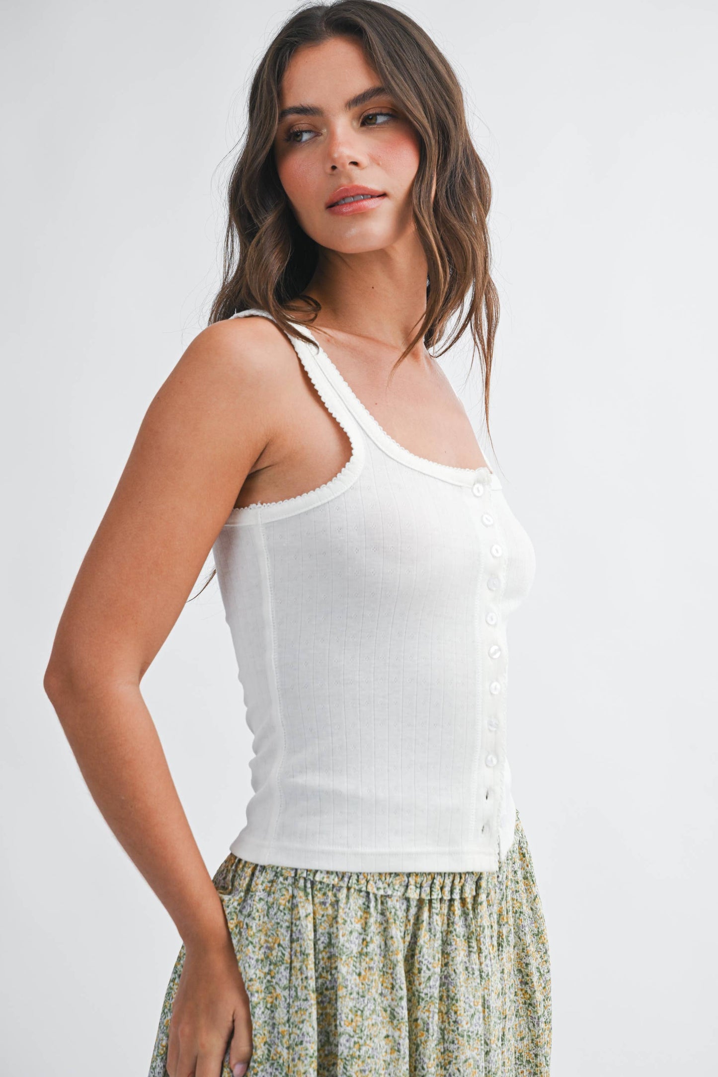 Pointelle Button Front Cami Tank: White