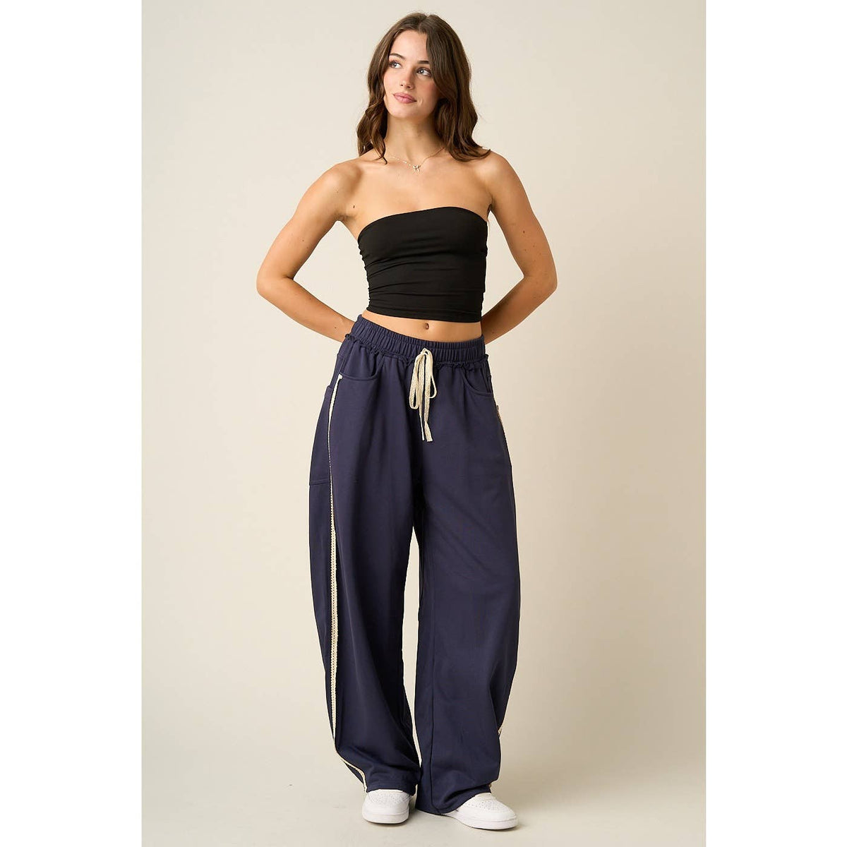 LACE TRIM BARREL LEG DRAWSTRING PANTS: MOCHA MOUSSE / S-M-L(2-2-2)