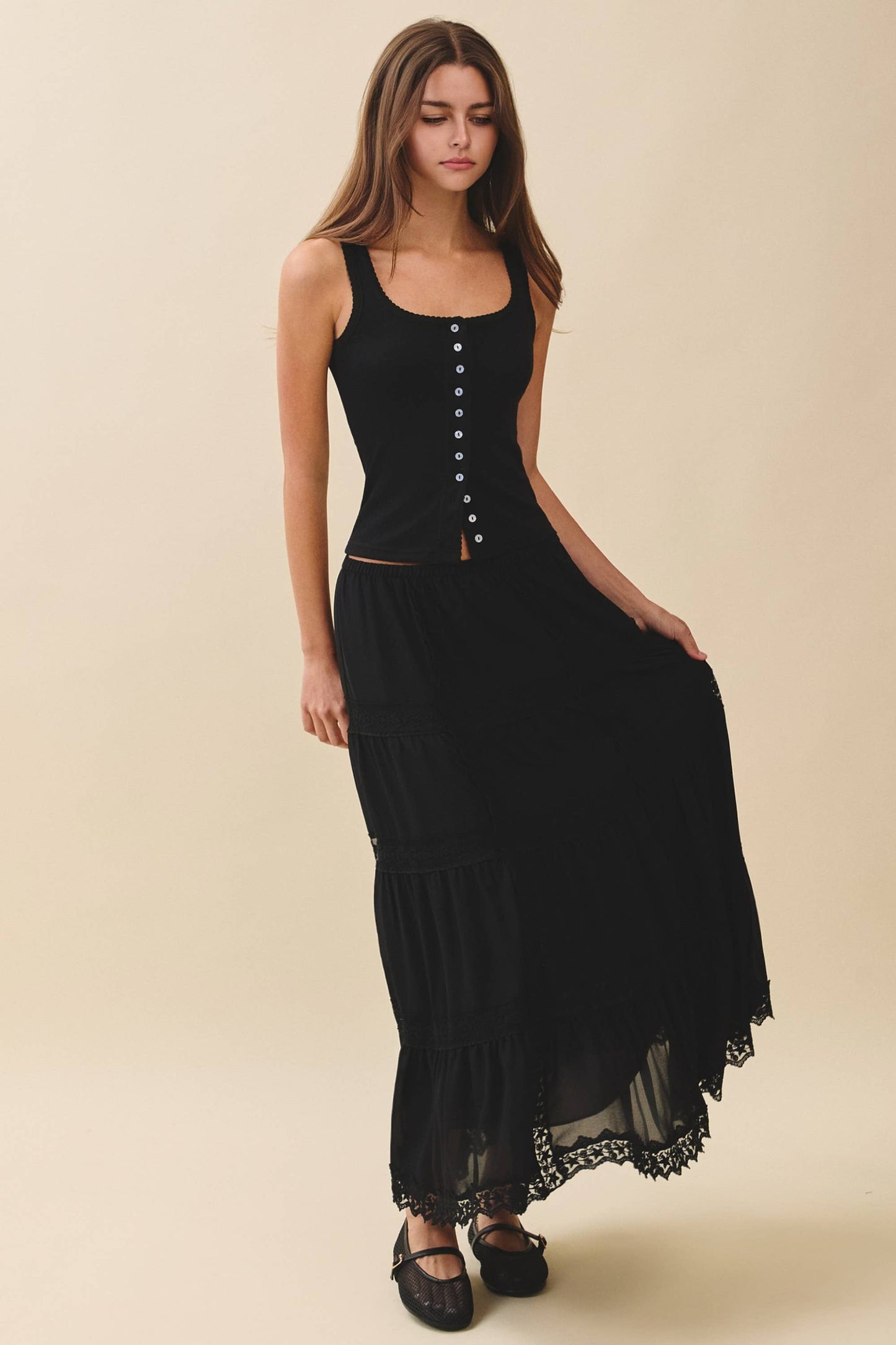 Pointelle Button Front Cami Tank: Black