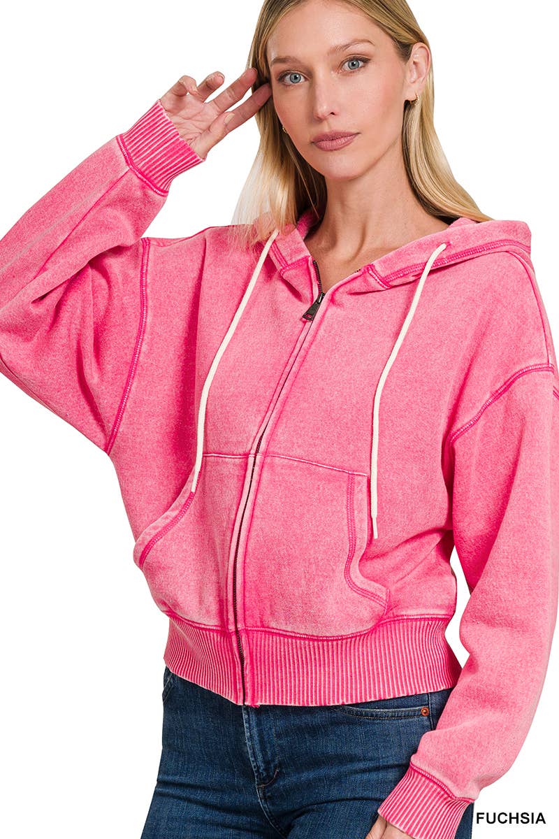 `Acid Wash Fleece Cropped Zip Up Hoodie - Zenana: MOCHA-159846 / S