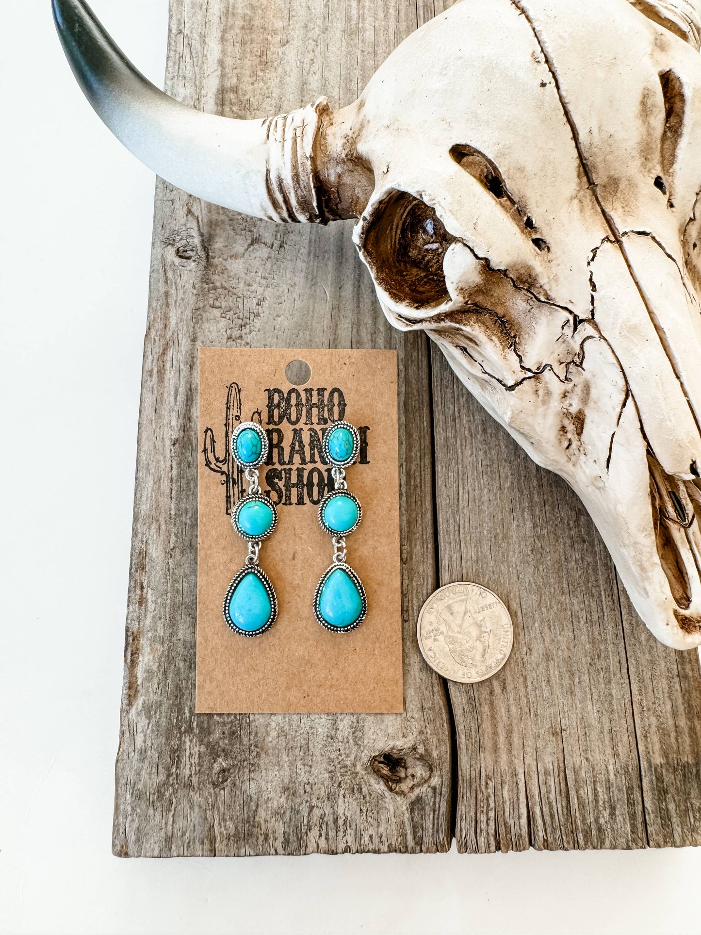 Western Tier Drop Earrings - Round Stone with Teardrop Stone: TURQUOISE
