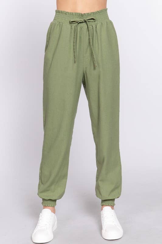 Smoked Waist Linen Jogger Pants: Blk-Black / S