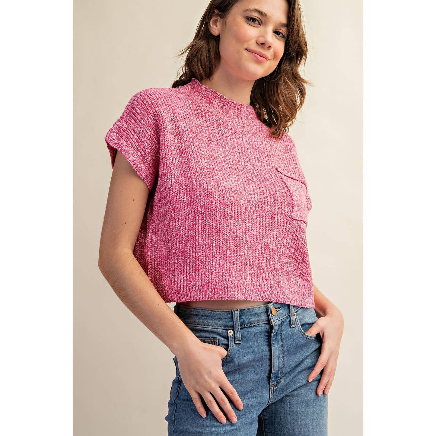 DROP SHOULDER RIB-KNIT SWEATER TOP: Brown / S-M-L(2-2-2)