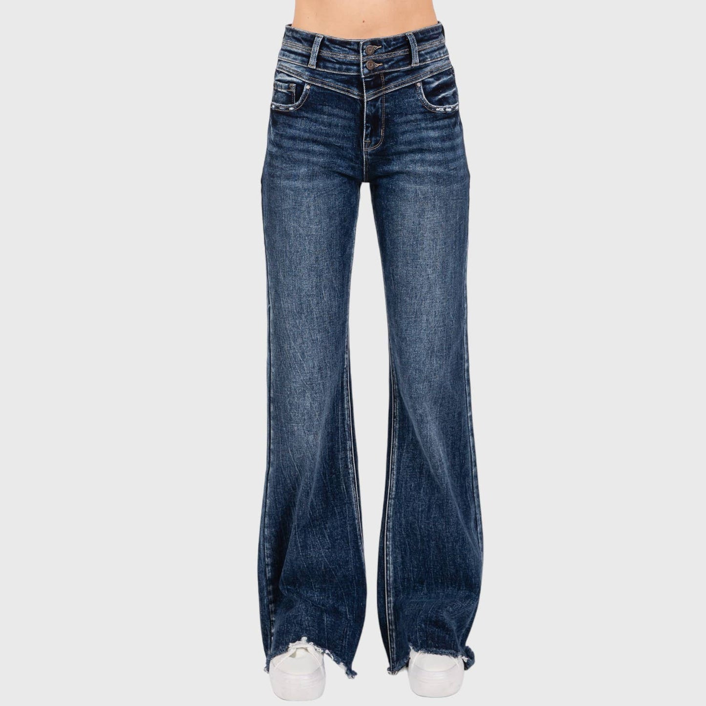 P1153F-DM HIGH RISE STRETCH  WIDE LEG FLARE W/ FRAYED HEM: 13/30