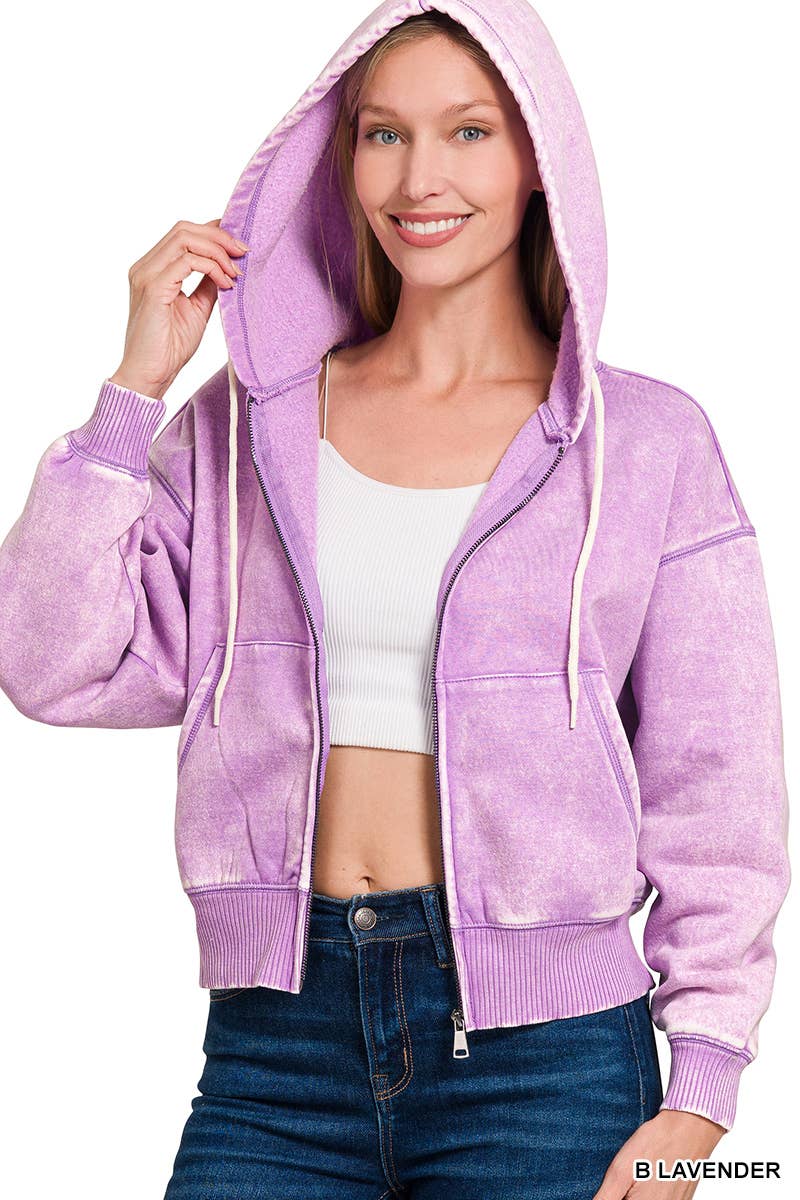 `Acid Wash Fleece Cropped Zip Up Hoodie - Zenana: MOCHA-159846 / M