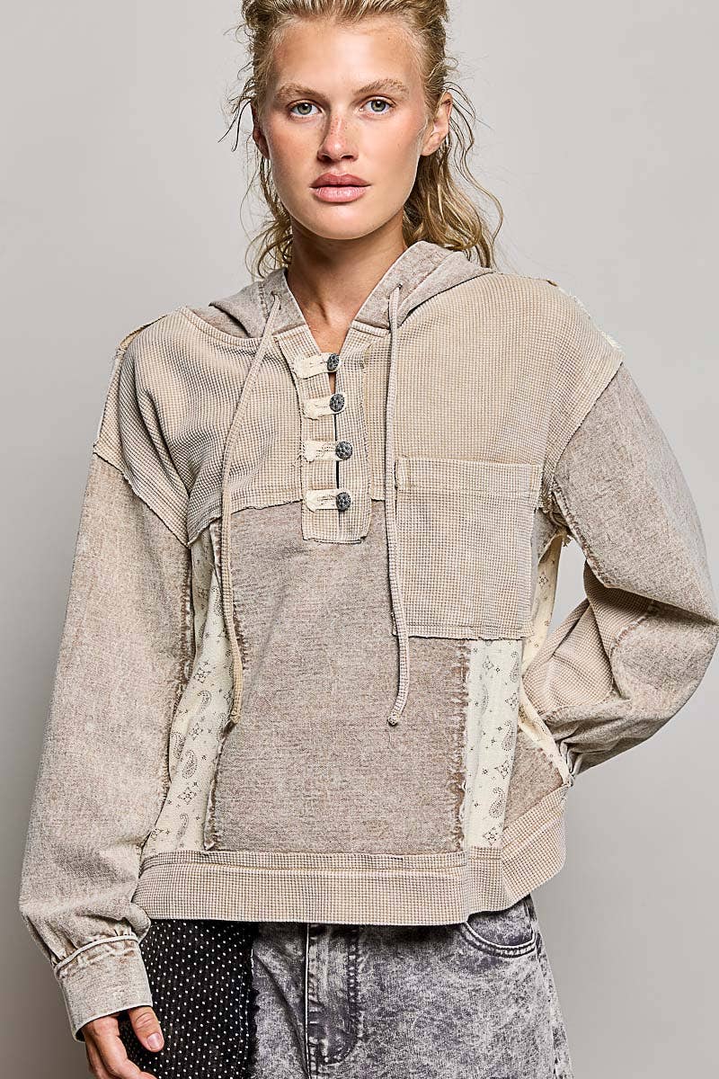 Mixed-Texture Patchwork Henley Button Patch Hoodie: DUSTY CHOCO / M