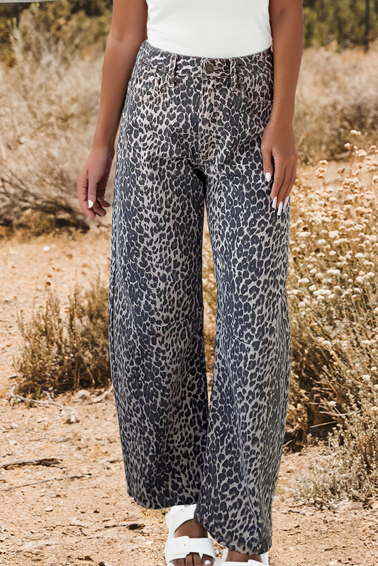 Western Leopard Print High Waist Barrel Jeans