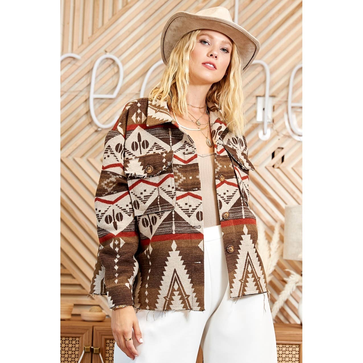 TRIBAL AZTEC PATTERN BUTTON DOWN SHIRT JACKET