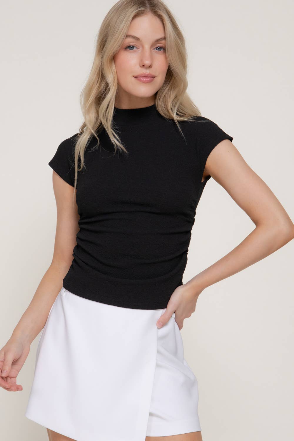 Cap Sleeve Mock Neck Side Ruched Texture Knit Top: BLK-black / S