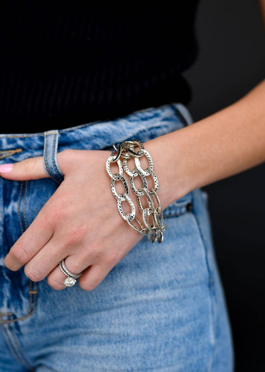Hammered Silver three strand Chain Toggle Bracelet