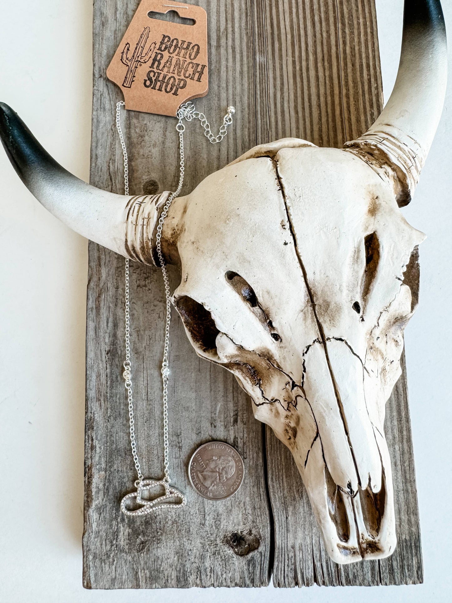 Western Dainty Silver gold Necklace - cowboy boots hat bow: CACTUS - SILVER