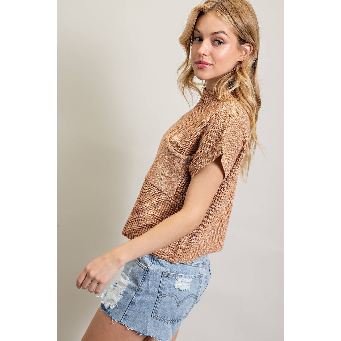DROP SHOULDER RIB-KNIT SWEATER TOP: Brown / S-M-L(2-2-2)