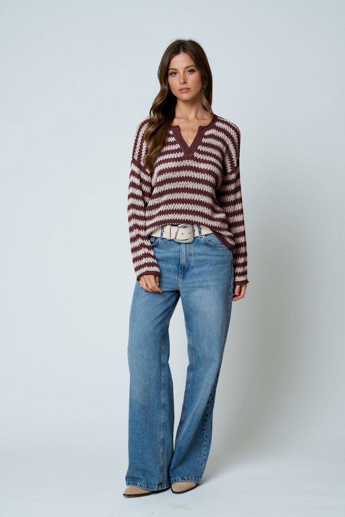 STRIPE RAW EDGE SPLIT NECK SHEER KNIT SWEATER : MOCHA