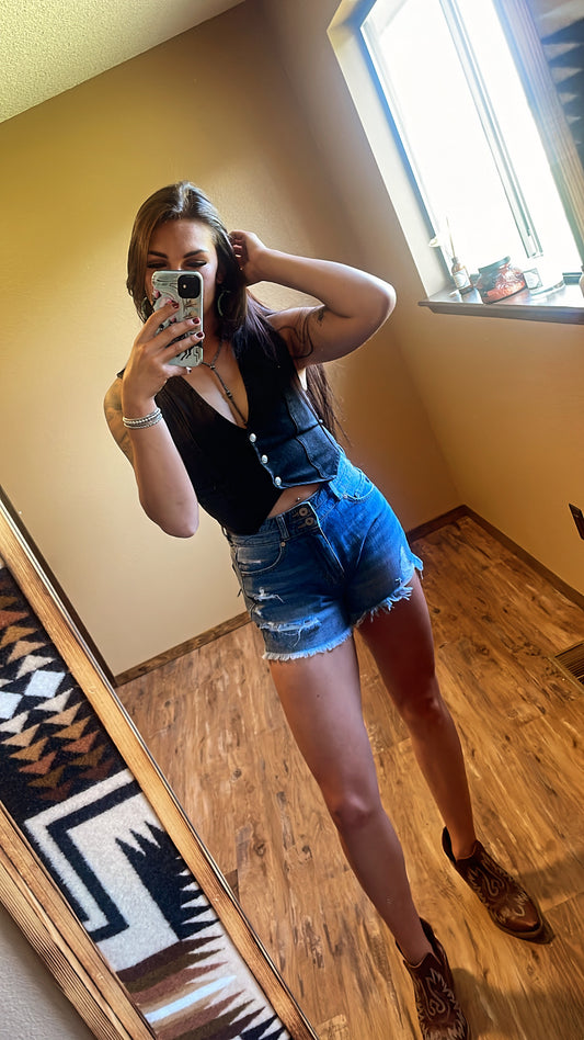 Black V neck denim vest