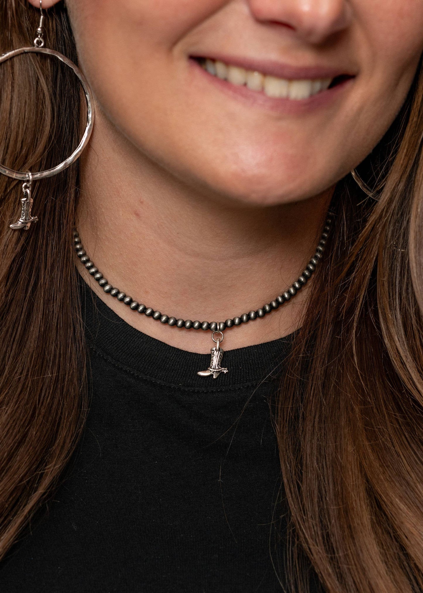 14" Dainty Faux Navajo Pearl Necklace with cowboy boot Charm