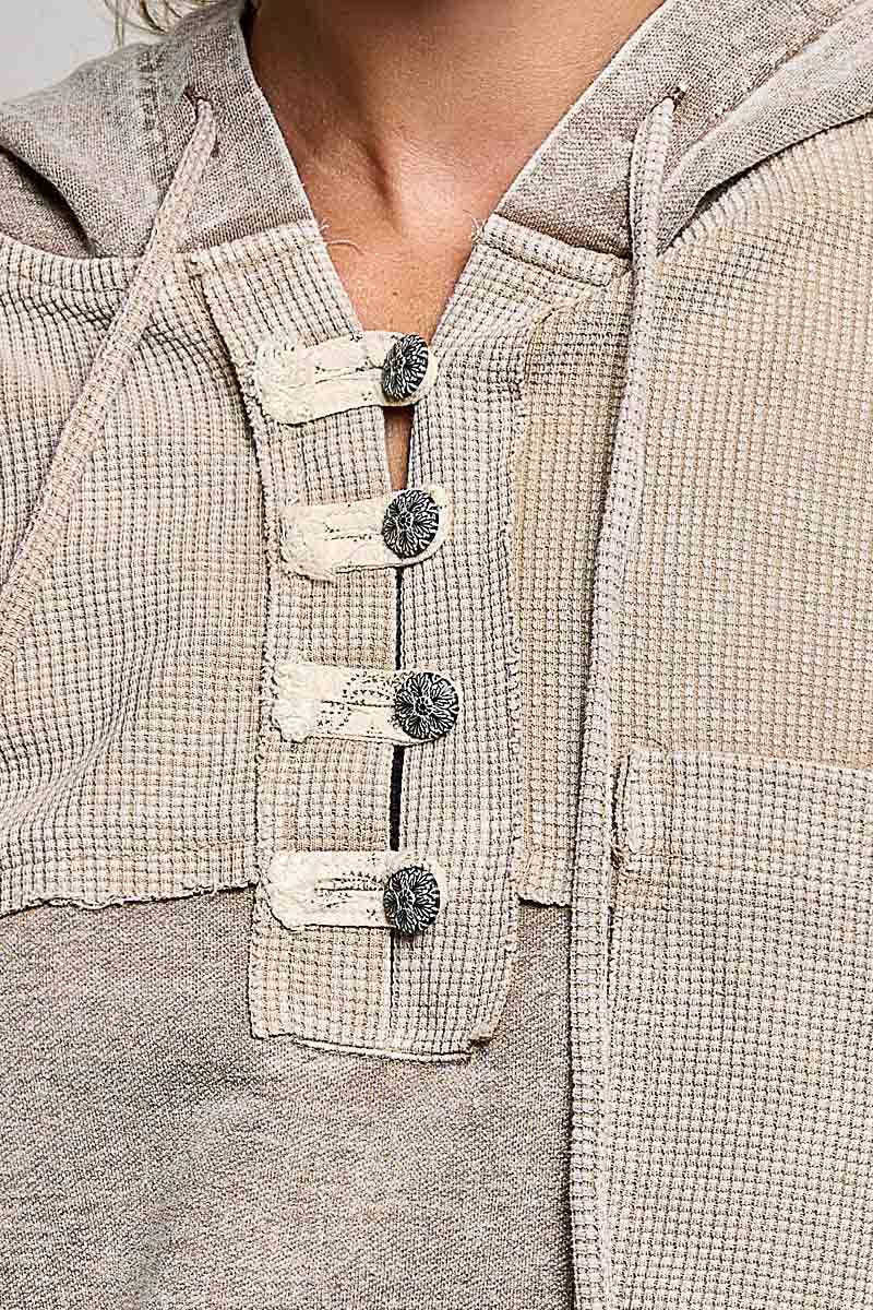 Mixed-Texture Patchwork Henley Button Patch Hoodie: DUSTY CHOCO / M