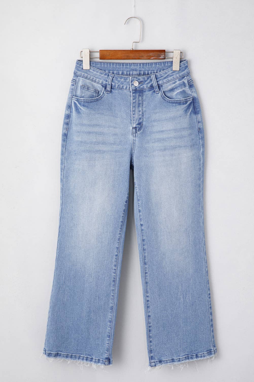 Mineral Wash Raw Hem High Waist Flared Jeans: Blue