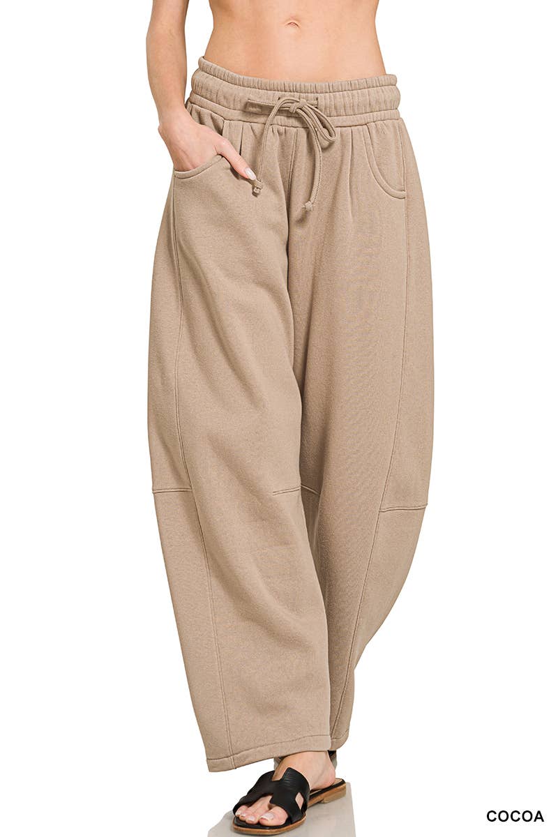 Fleece Barrel Leg Sweatpants w/ Pockets Zenana: LT BEIGE-201383 / L