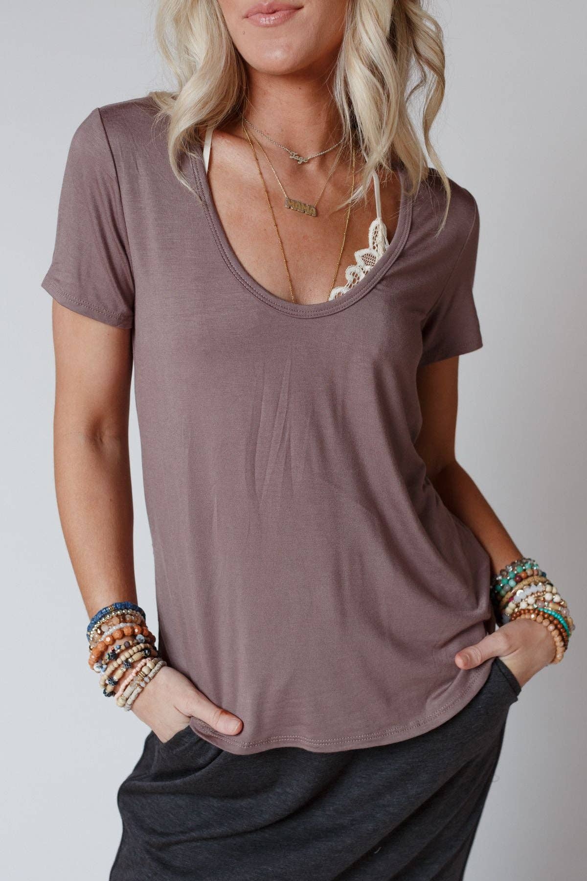 Scoop Neck Bralette Tee - Mocha: Mocha / M