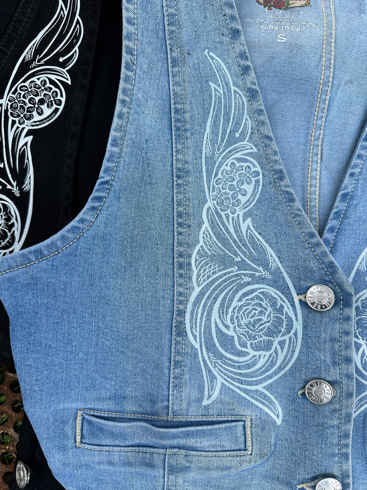Cropped denim vest with hand tooled printed pattern: Denim / Large