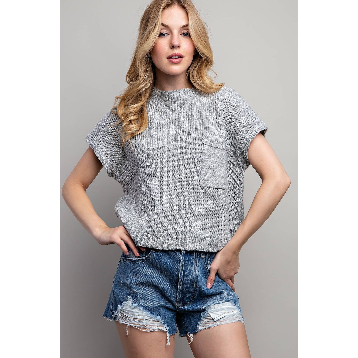 DROP SHOULDER RIB-KNIT SWEATER TOP: Taupe / S-M-L(2-2-2)