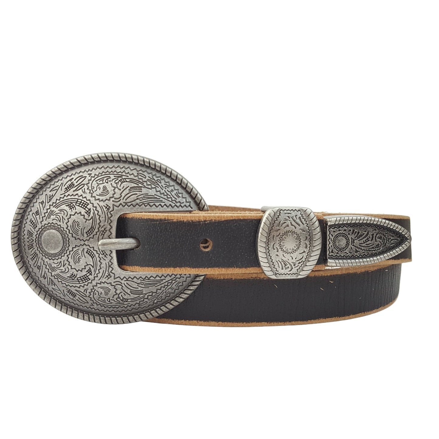 Vintage Skinny Leather Belt w.  antique silver floral buckle: Brown / M/L