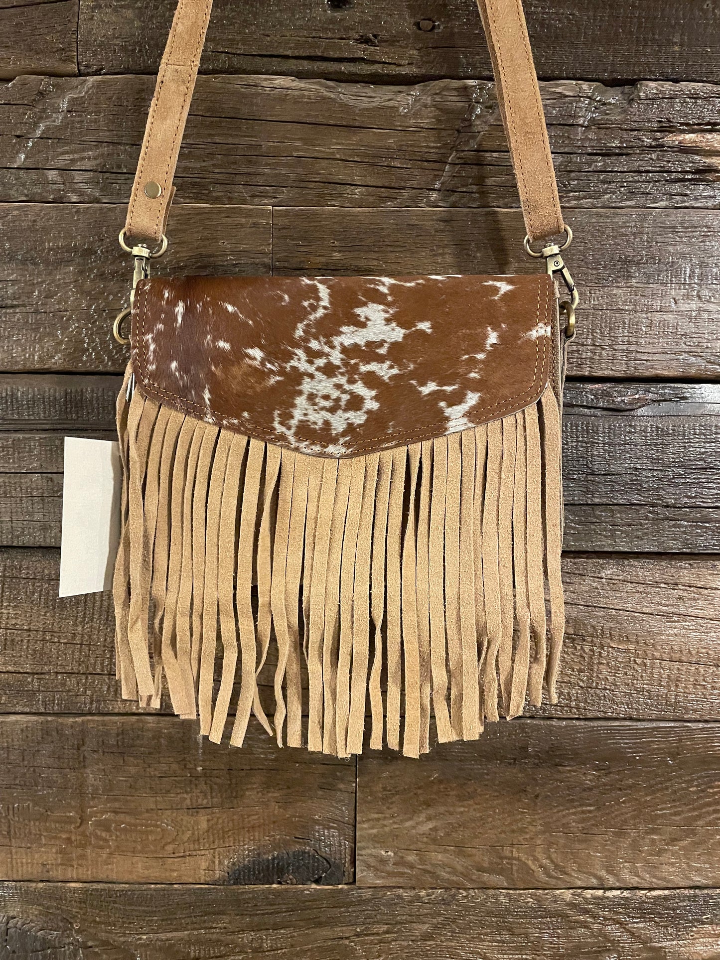 Sadie Cowhide and Tan Suede Fringe Western Purse, Crossbody