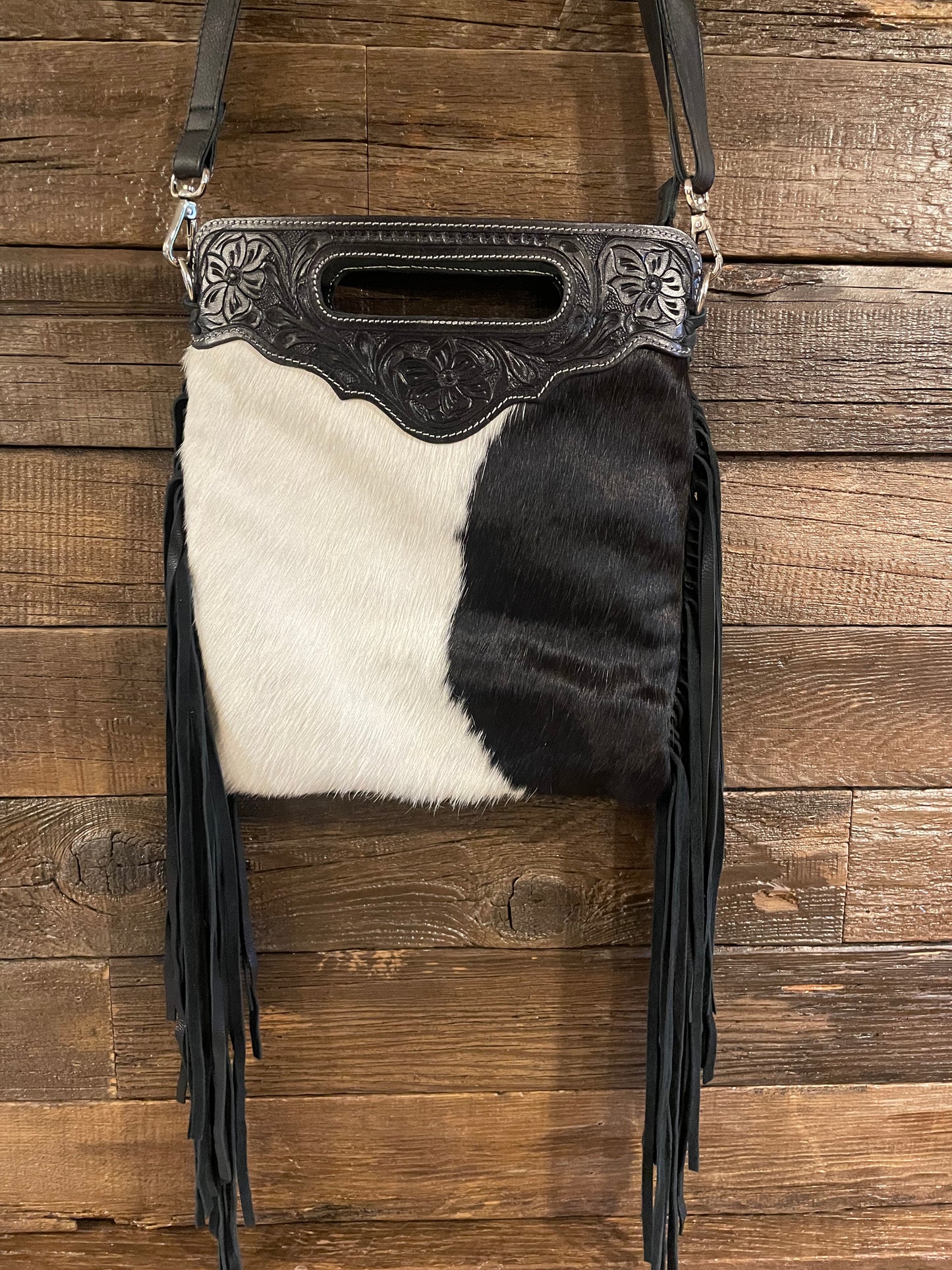 Black and white cowhide purse