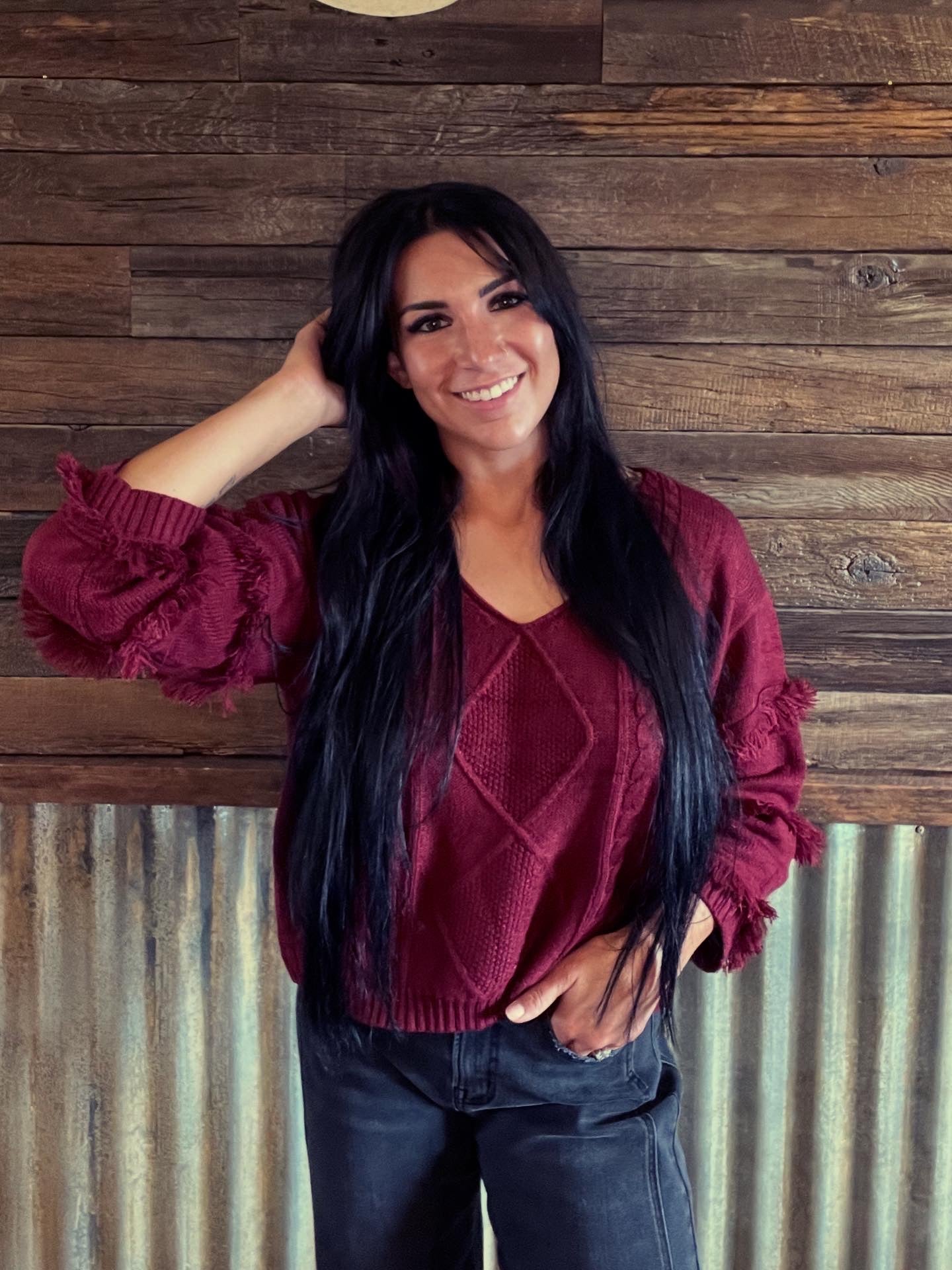 Tassels Solid Long Sleeves V-Neck Knit Top