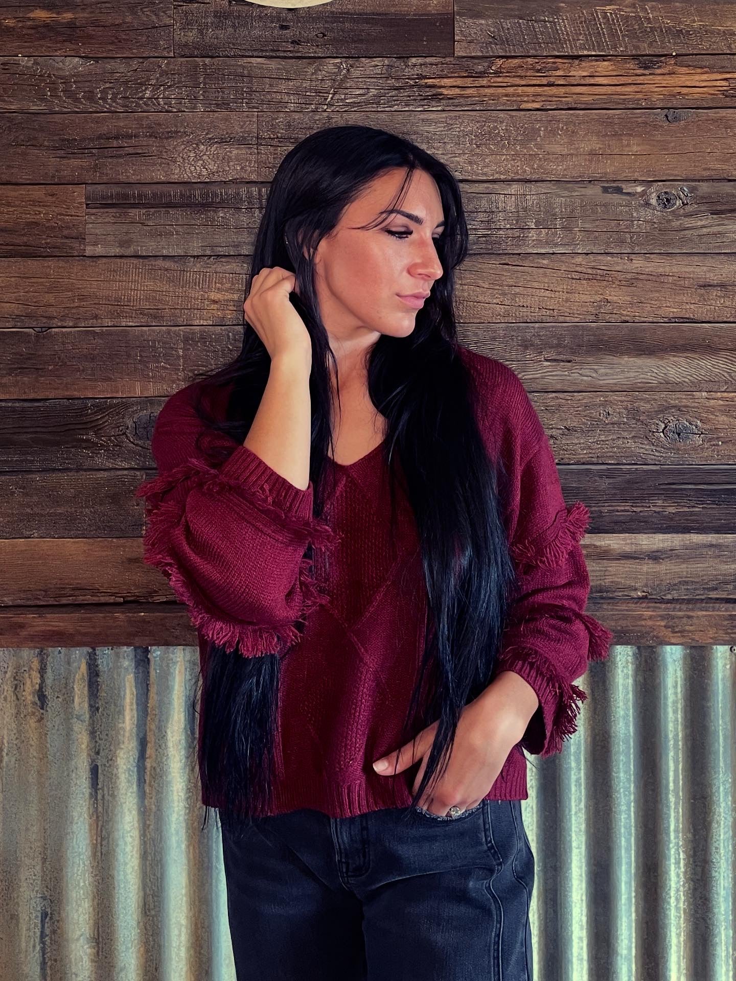 Tassels Solid Long Sleeves V-Neck Knit Top