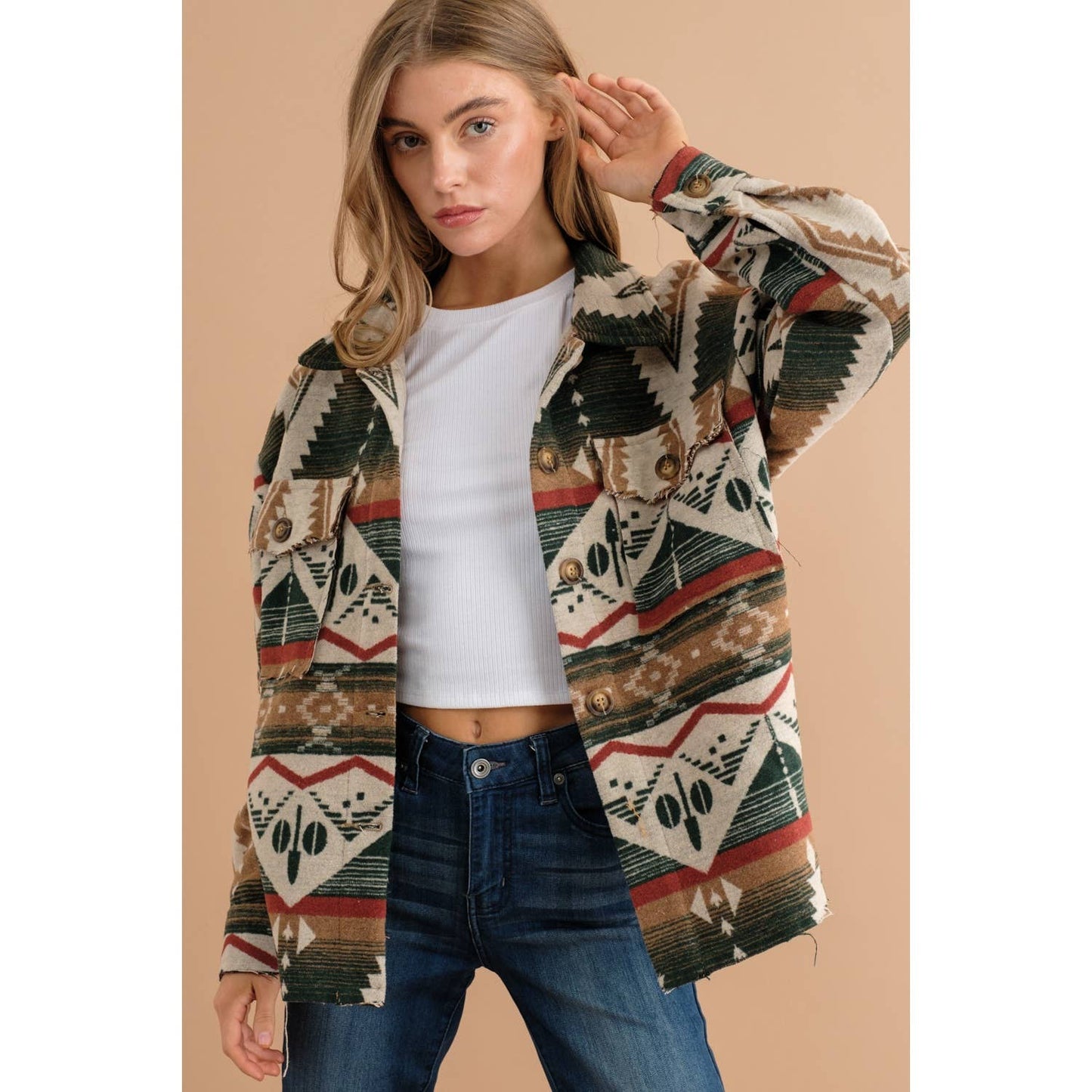 TRIBAL AZTEC PATTERN BUTTON DOWN SHIRT JACKET