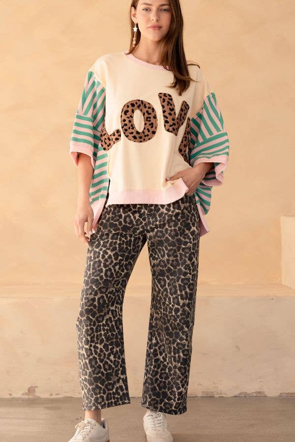 Leopard Denim Mid Rise Barrel Jeans