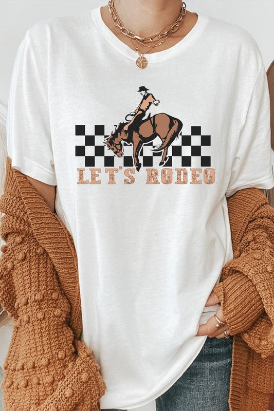 Lets Rodeo Checkered Horse and Cowboy Graphic Tee