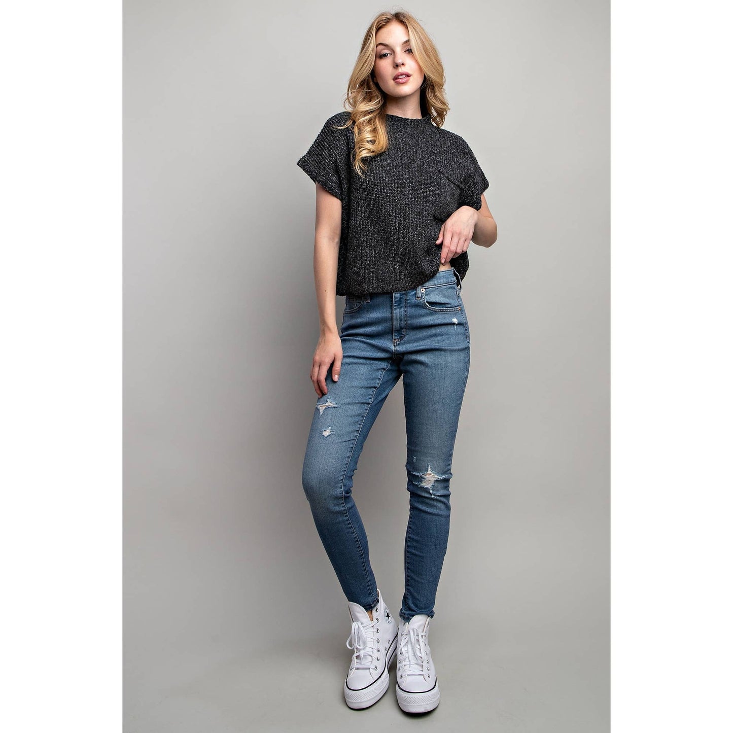 DROP SHOULDER RIB-KNIT SWEATER TOP: Brown / S-M-L(2-2-2)