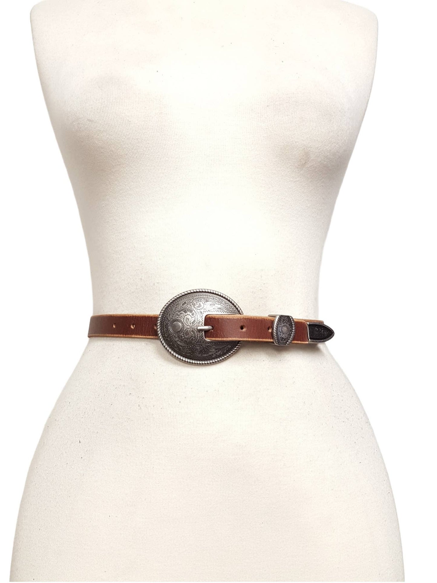 Vintage Skinny Leather Belt w.  antique silver floral buckle: Brown / M/L
