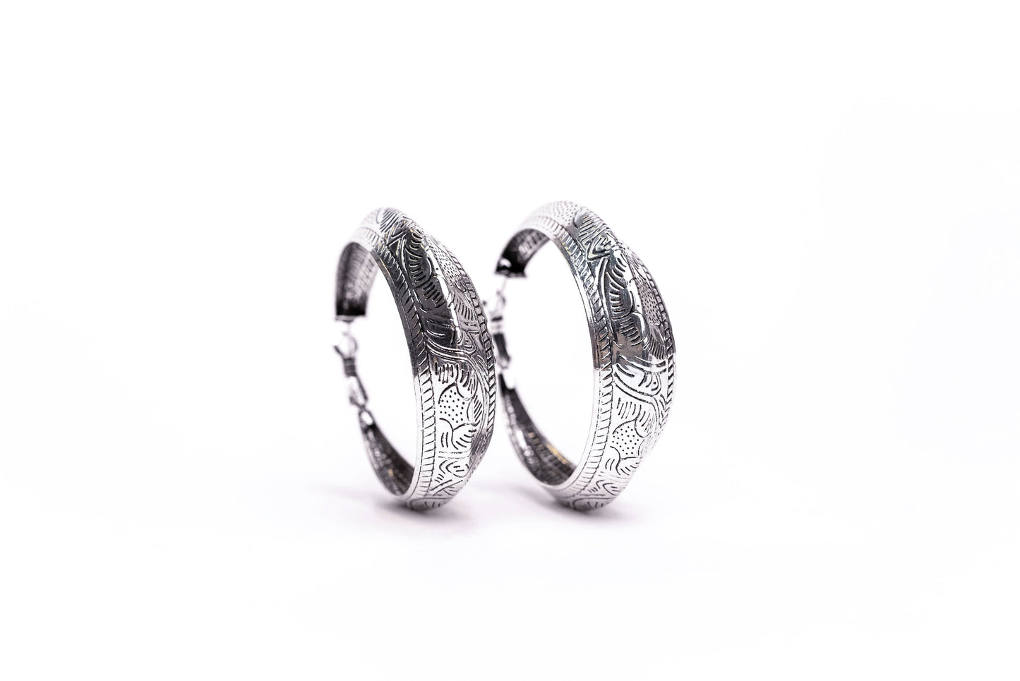 Burnished Silver Tooled Hoop Earring