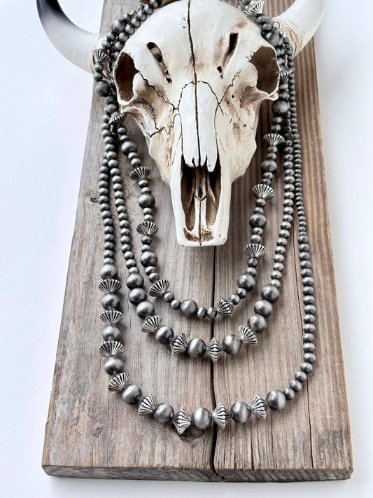 3pc Western Style Navajo Pearl Bead Necklace Set: Silver