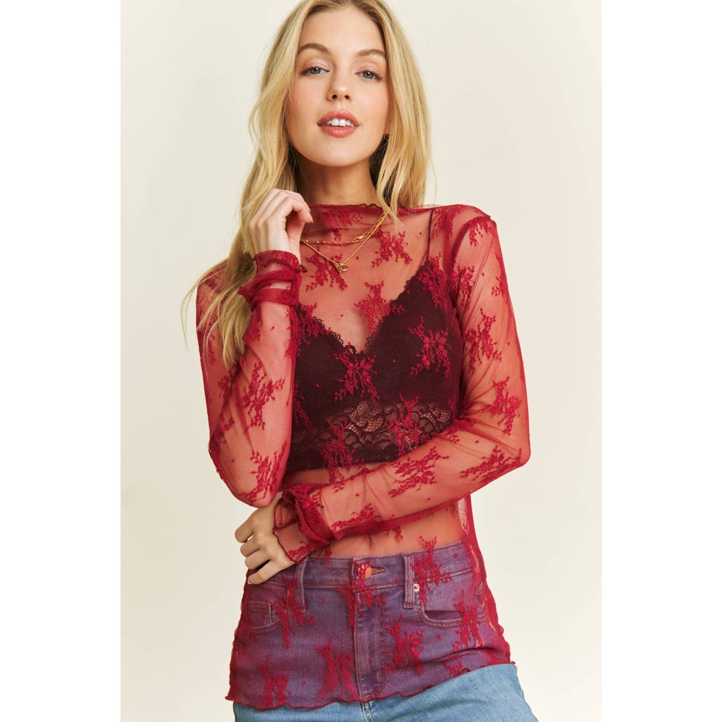 MESH LACE HIGH NECK DESIGN LONG SLEEVE FITTED TOP: Burgundy