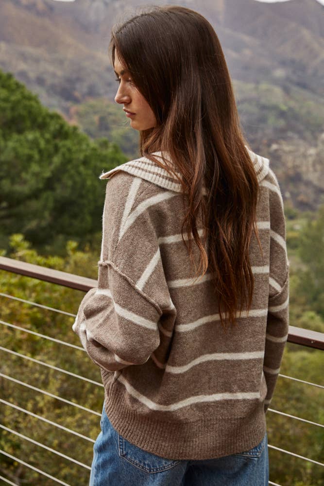 Knit Sweater Striped Collar V-Neck Long Sleeve Top